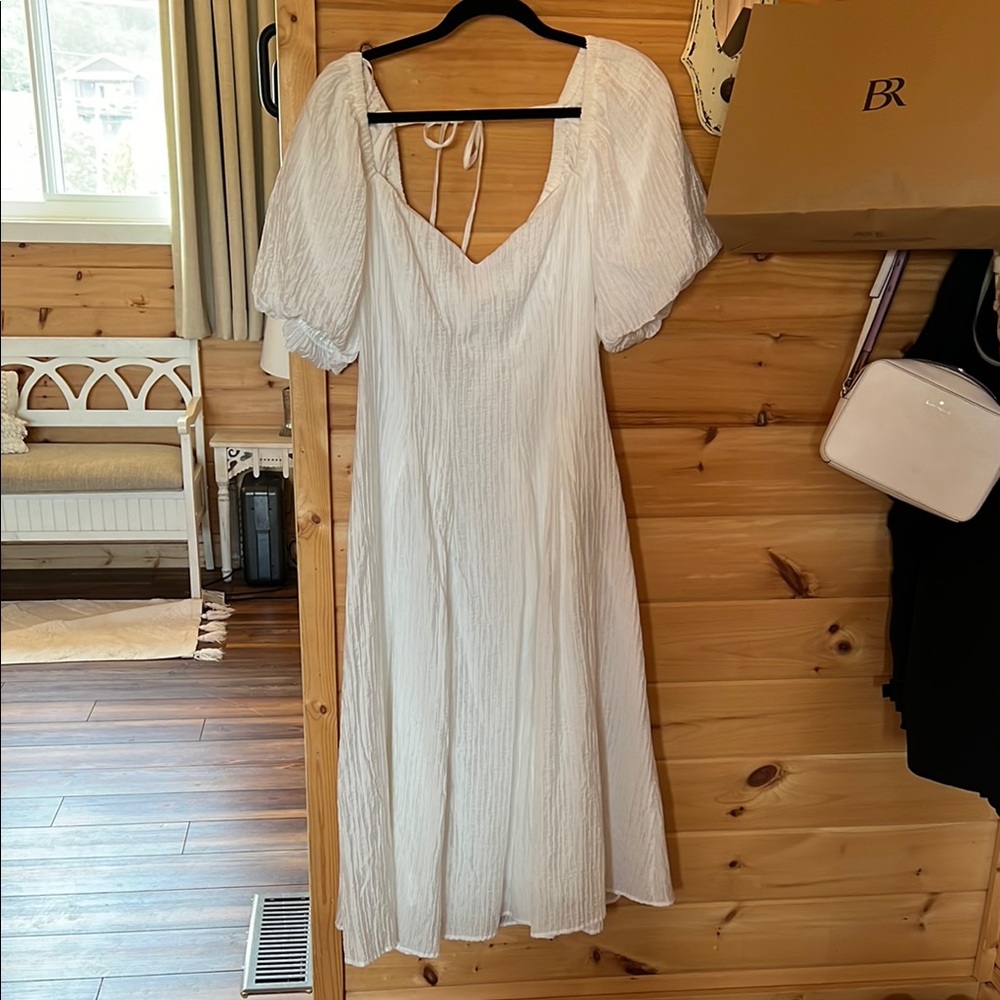 Lulu's White Midi Sundress with Puff Sleeves